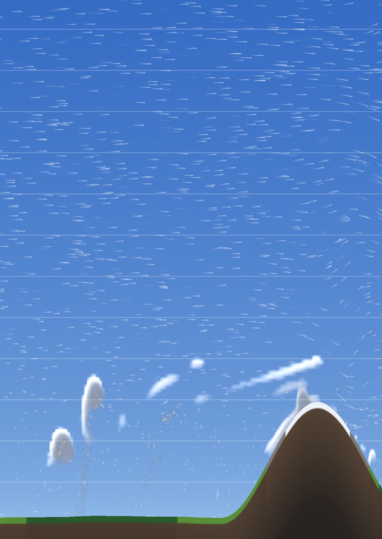 The realistic 2D view with clouds over a mountain